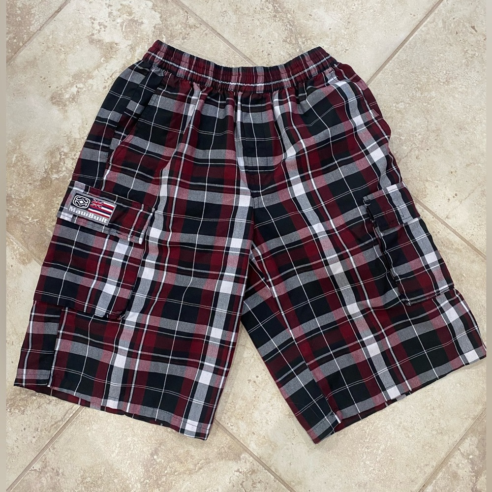 90’s Surf Style Maui Built Hawaii LONG Plaid Baggy Cargo Shorts Stretch Waist